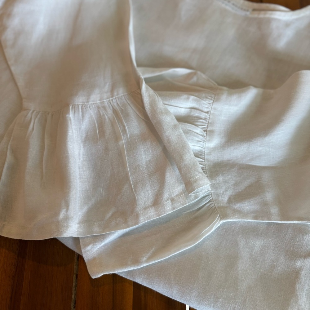 Bryn Walker Linen Round Neck Ruffle 3/4 Bell Sleeve Tunic Top‎ White M 12/14 - Picture 4 of 15